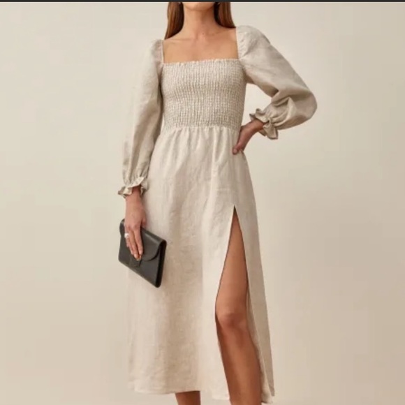REFORMATION  
Gitane Linen Square Neck Smocked Slit Dress Oatmeal M - Picture 2 of 5